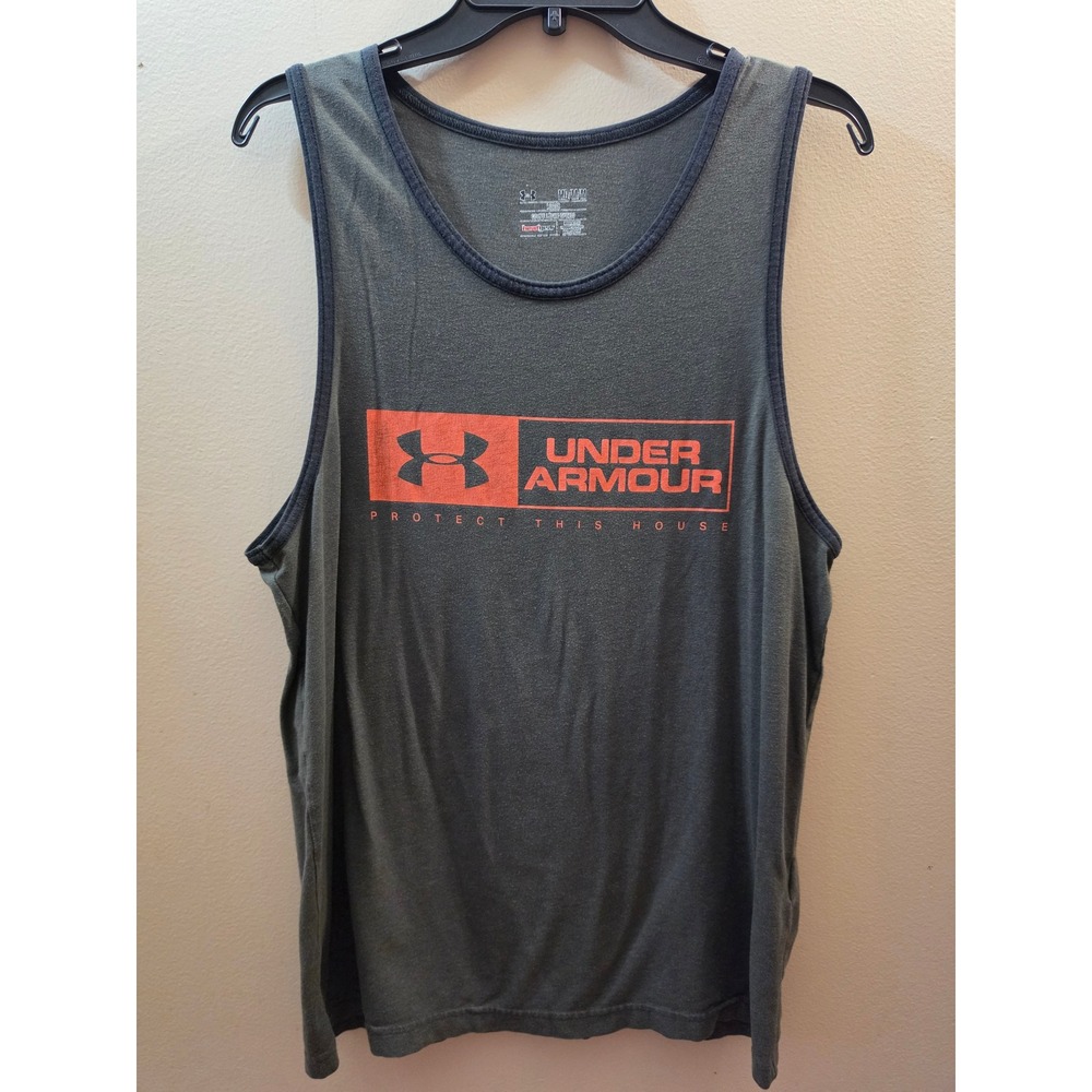 Under Armour Mens HeatGear Tank Top Gray Orange Protect This House Logo Size M